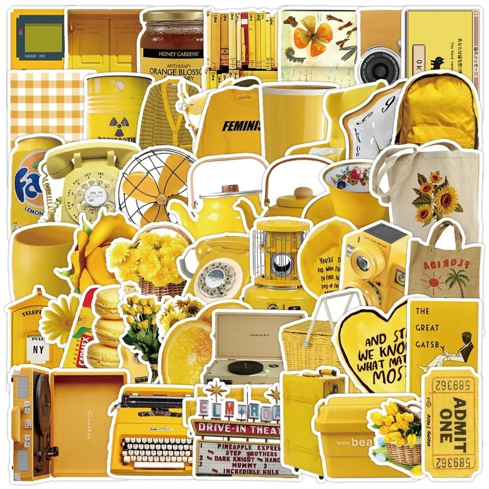 Yellow Laptop Accessories - 50枚入り エステティックな黄色のヴィンテージステッカー - レトロテーマのデカール、ノートパソコン、荷物、DIYデコレーション用 アニメワールドストア