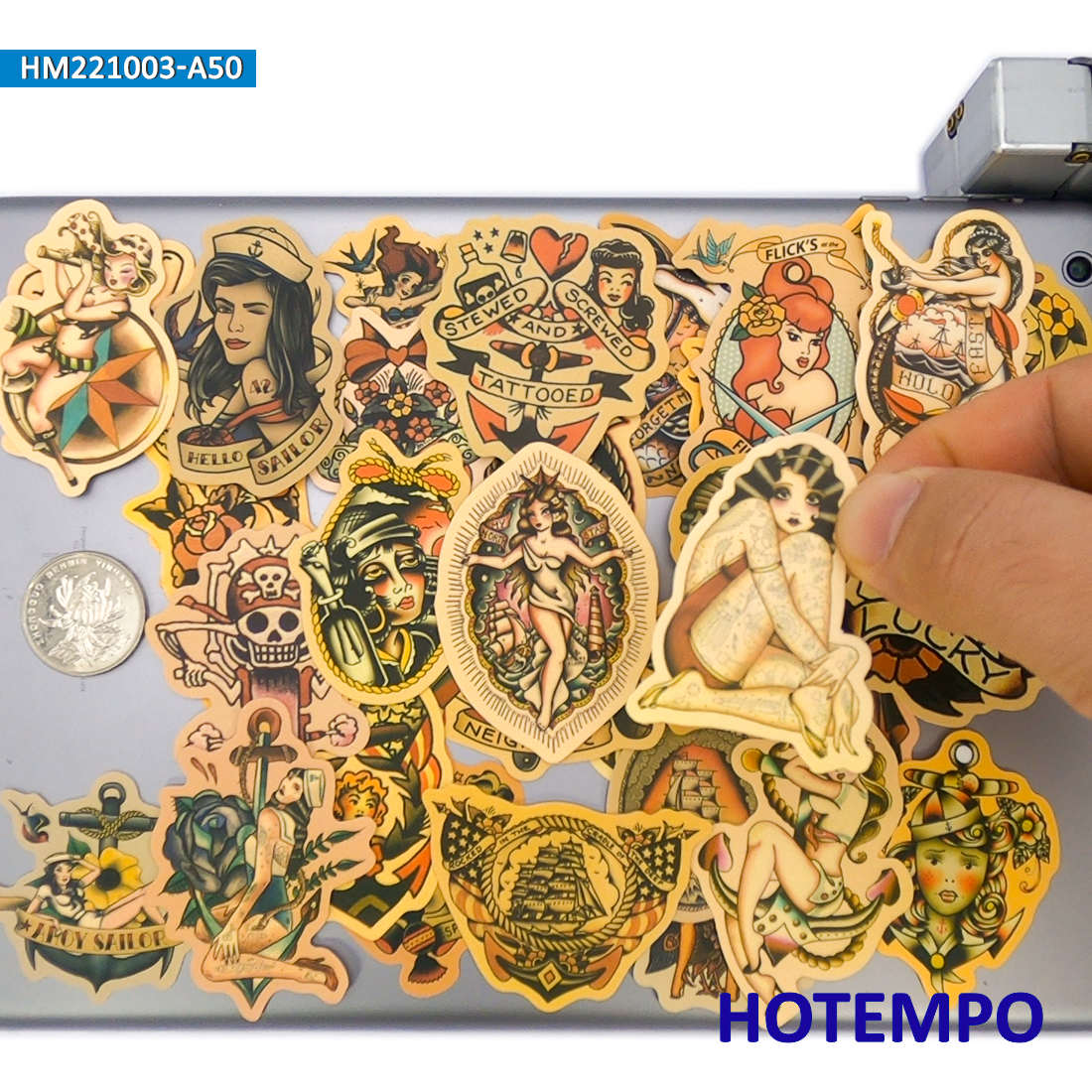 50個、 黄ばんだレトロなデカール、 オールドスクールタトゥ - Yellow Laptop Accessories のレビューと価格