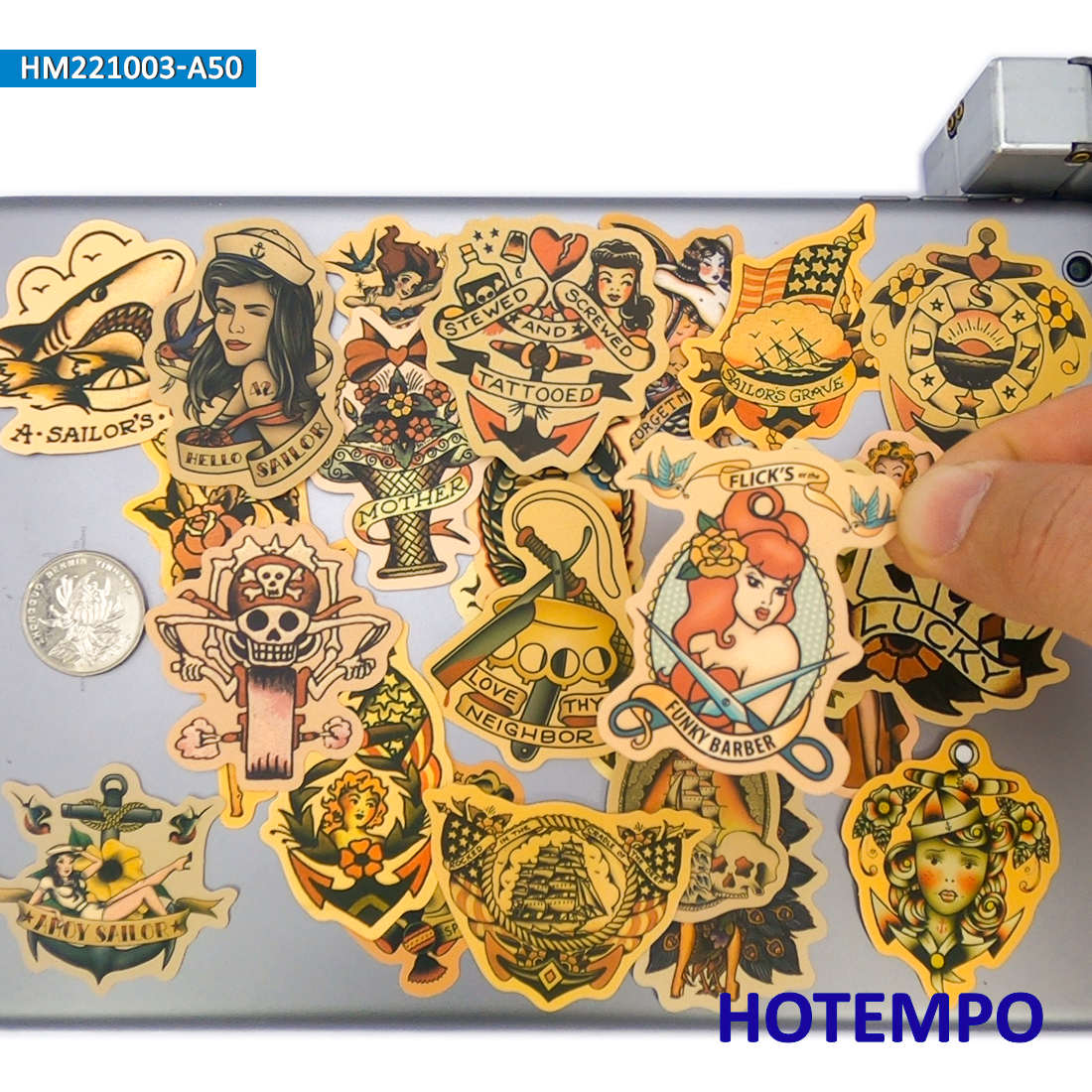 50個、 黄ばんだレトロなデカール、 オールドスクールタトゥ - Yellow Laptop Accessories のレビューと価格