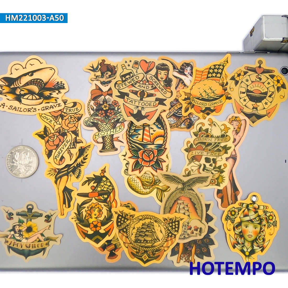 50個、 黄ばんだレトロなデカール、 オールドスクールタトゥ - Yellow Laptop Accessories のレビューと価格